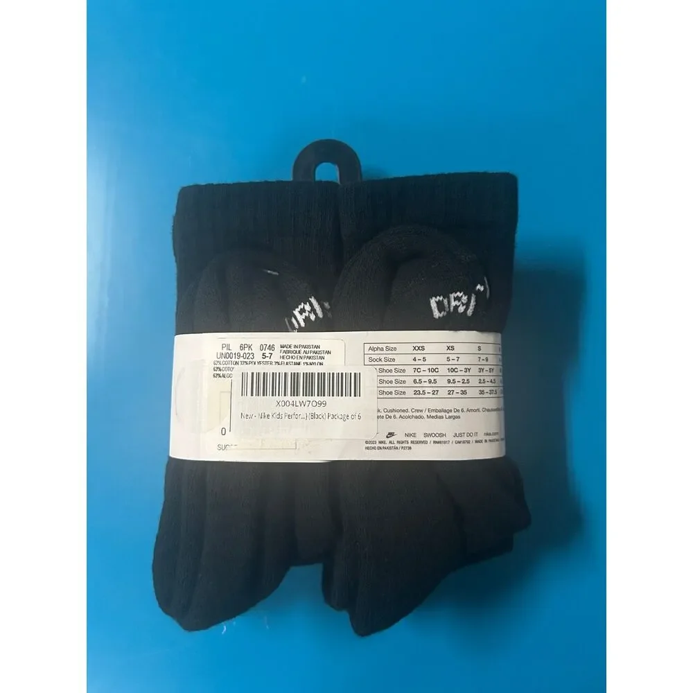 Nike Performance Cushion Crew Socks Black 6-Pack Unisex X-Small Athletic